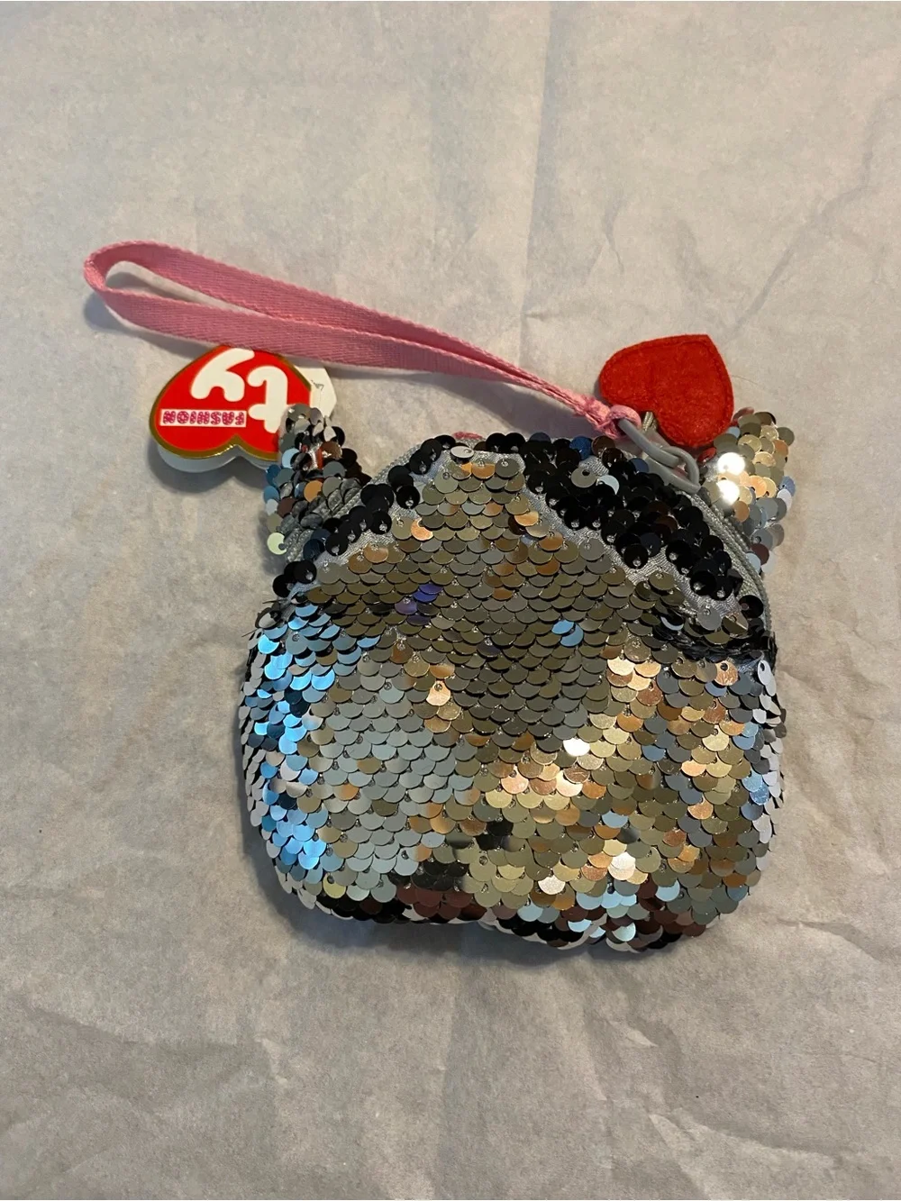 Ty Sequin Cat “Kiki” Wristlet Coin Purse with Pink Bow and Strap
